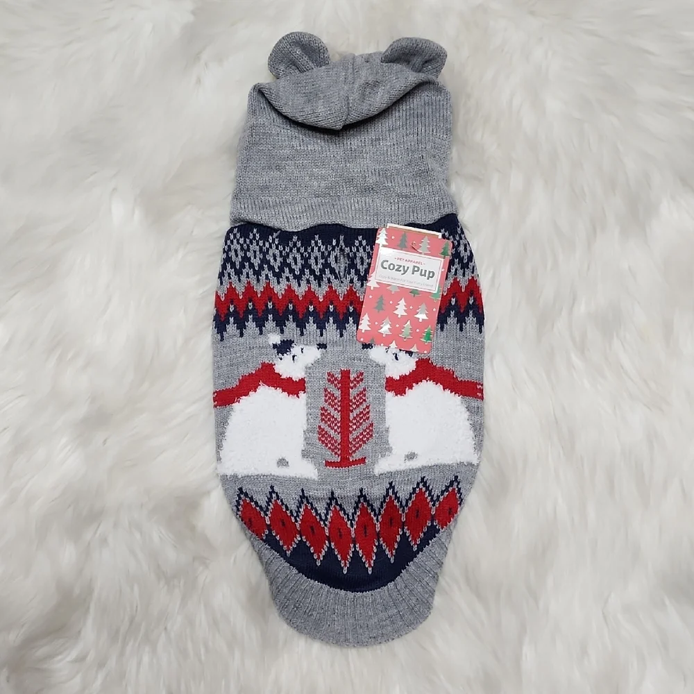 Hooded with Ears Gray & White Pet Dog Sweater with Polar Bear Design Small NWT